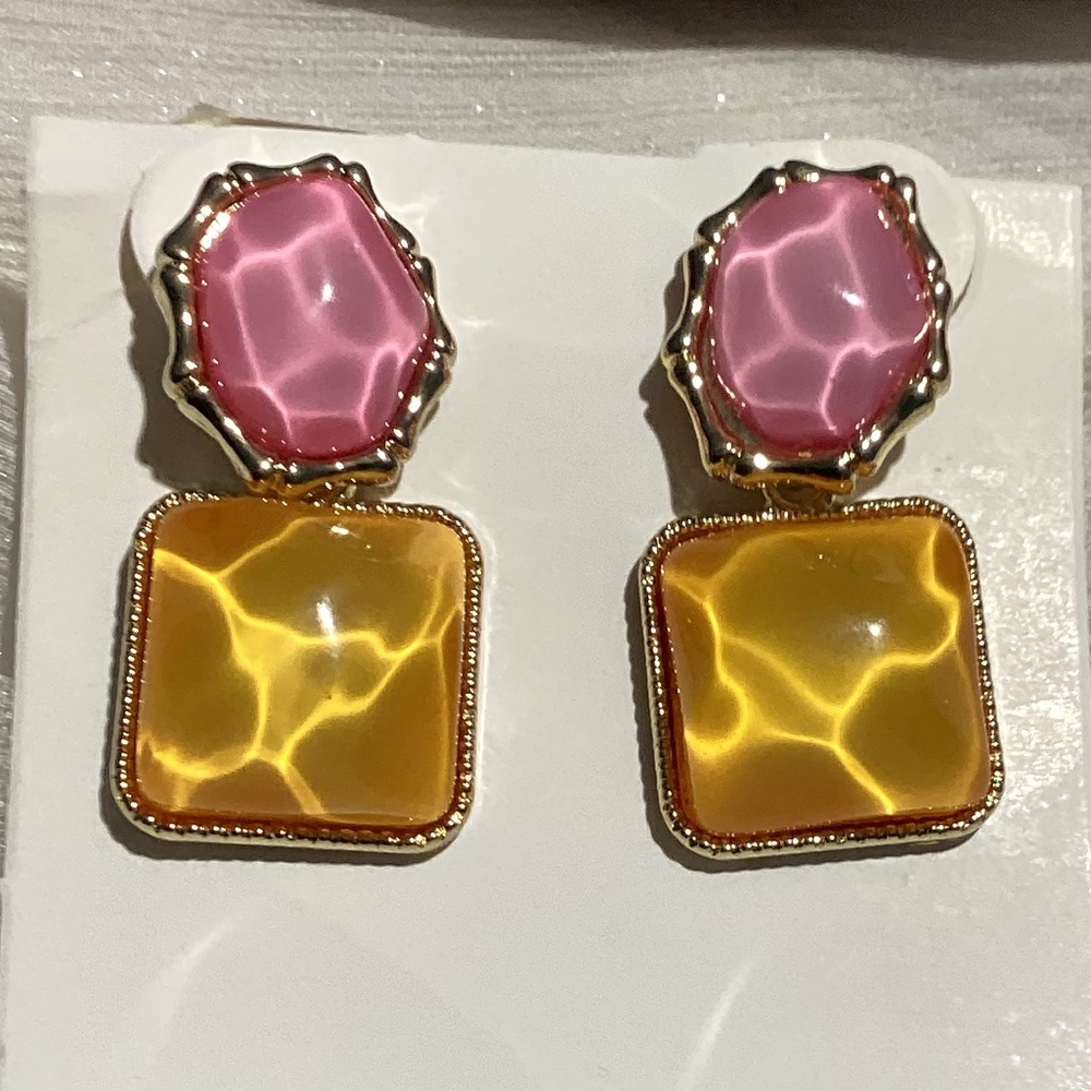 💗 Pink & Orange Translucent Geometric Resin Drop Water Ripple Earrings